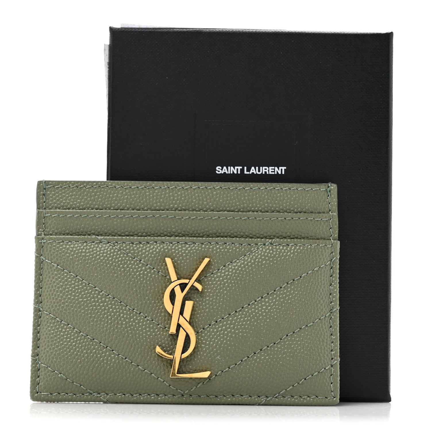 Saint Laurent Grain De Poudre Matelasse Chevron Monogram Credit Card Case Light Sage 8 of 8