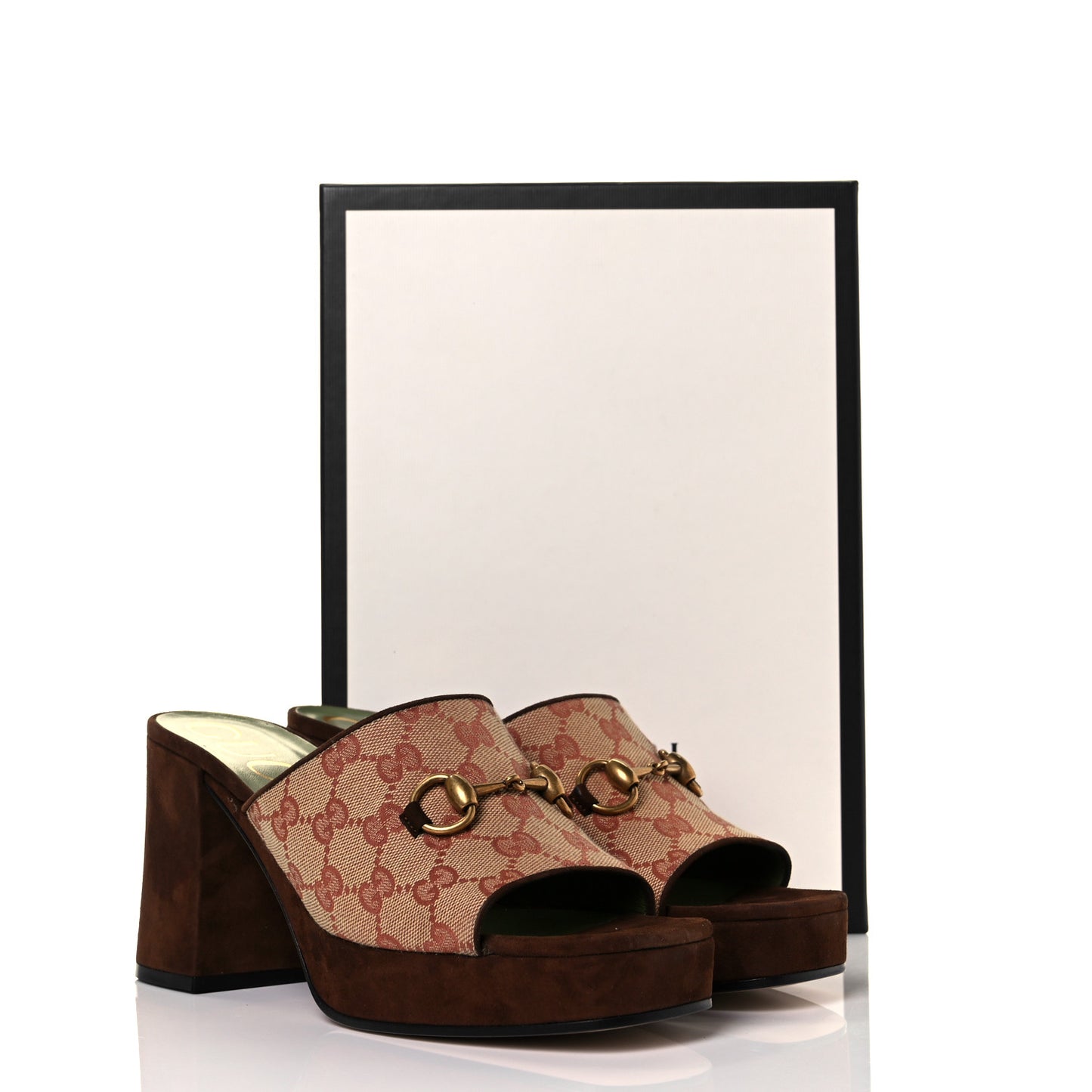GG Monogram Kid Scamosciato Houdan Mid Heel Platform Slide Sandals 40 Beige Ruggine Maroon