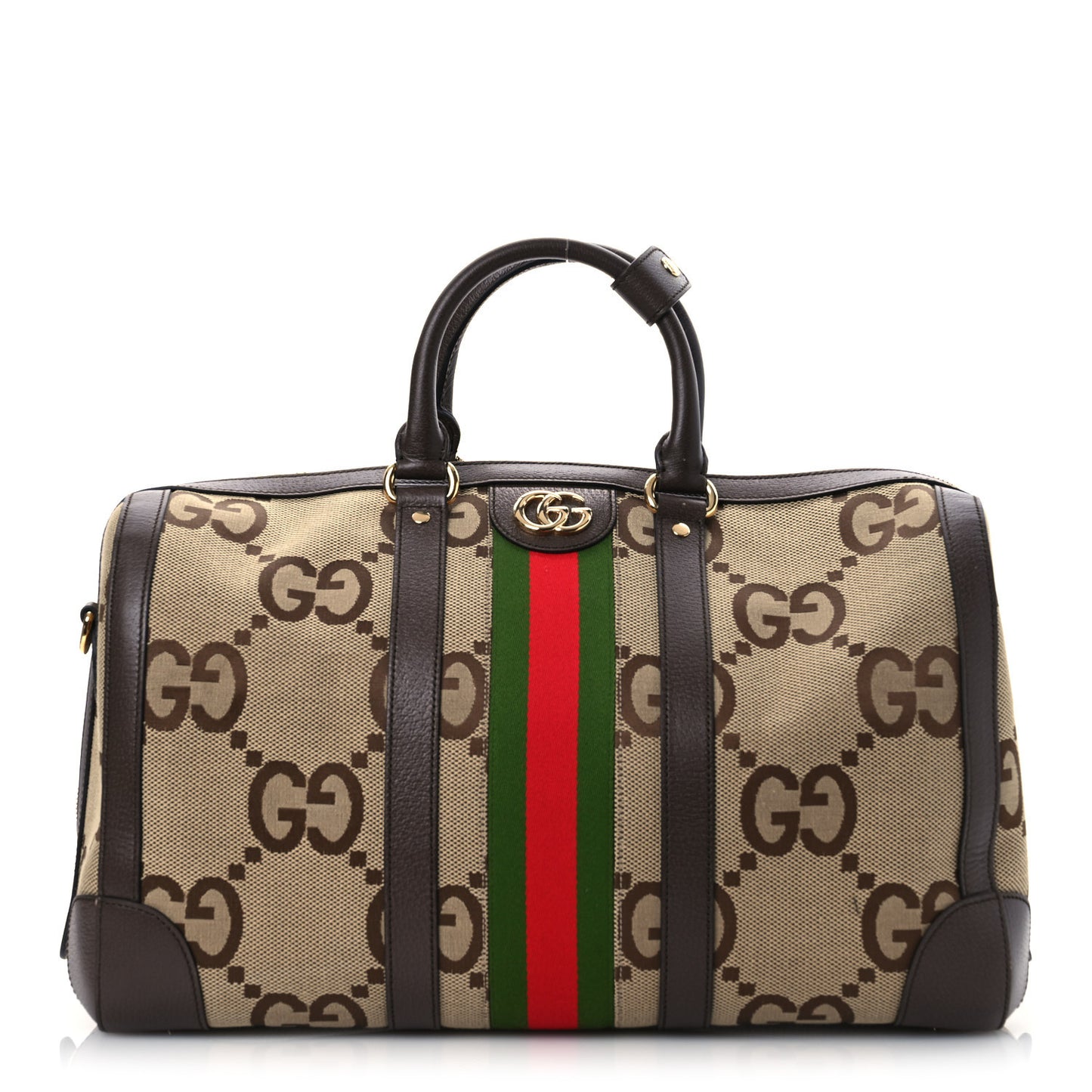 Monogram Jumbo GG Textured Dollar Calfskin Web Medium Duffle Bag Camel Ebony