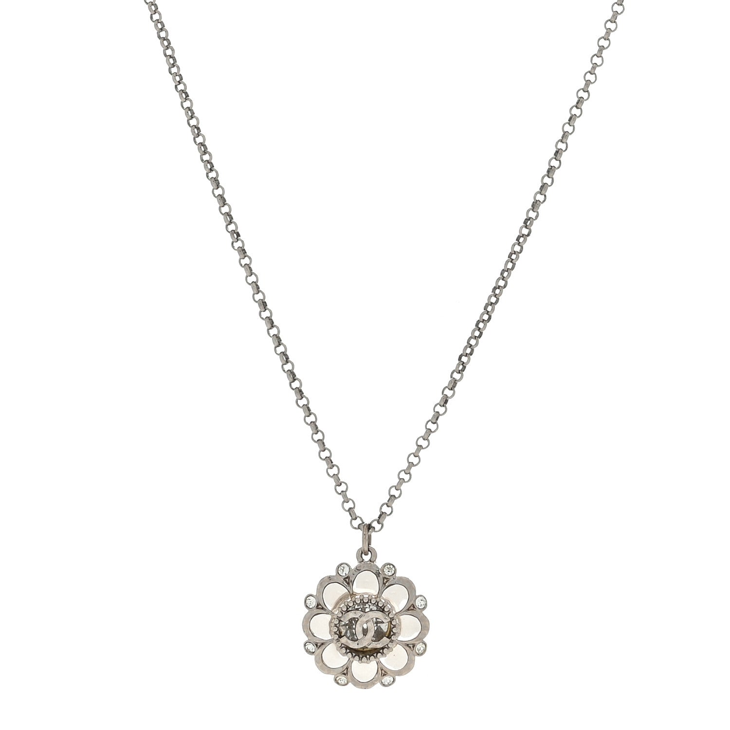 Chanel Crystal CC Flower Pendant Necklace Silver 1 of 3