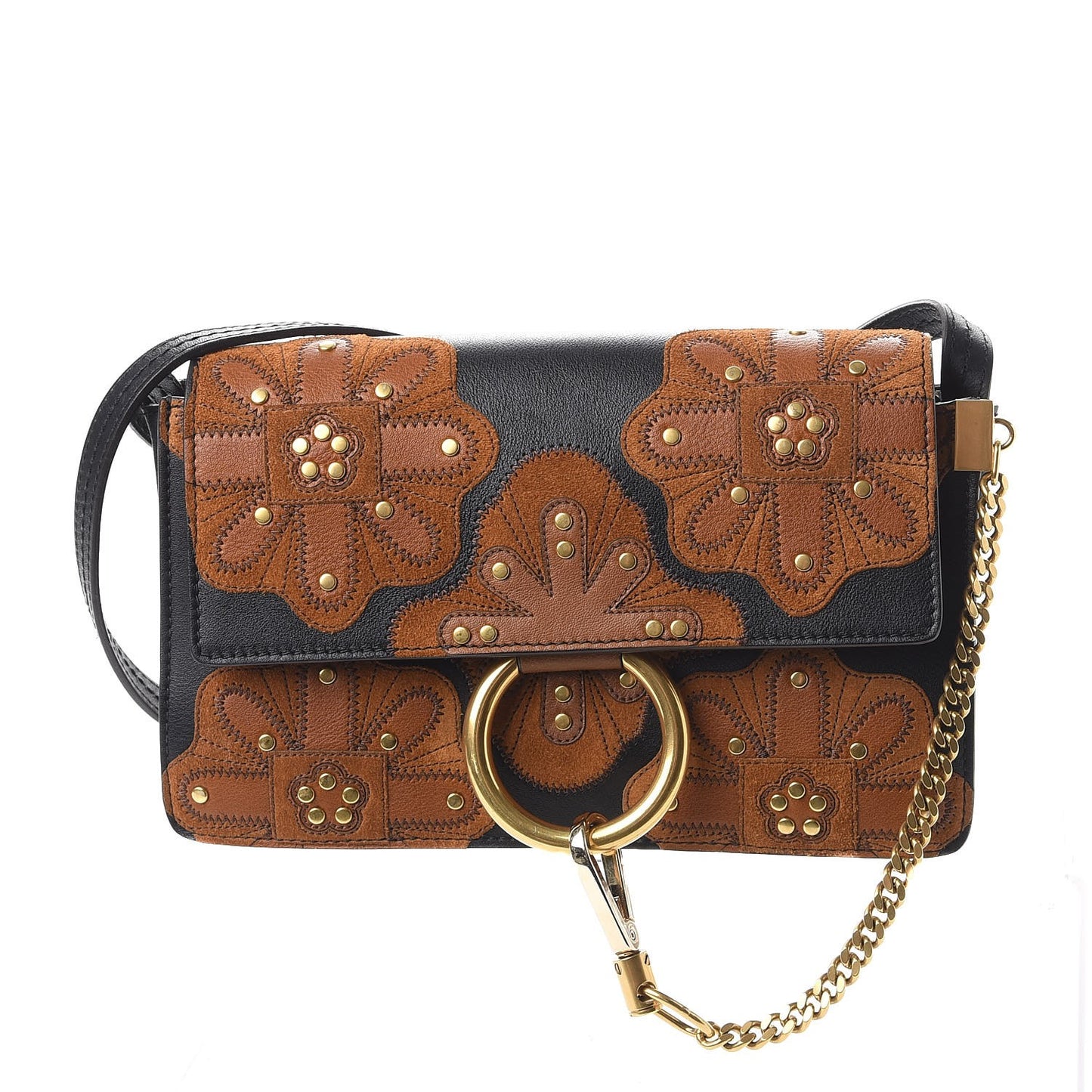Suede Calfskin Floral Patchwork Studded Small Faye Shoulder Bag Black Brown