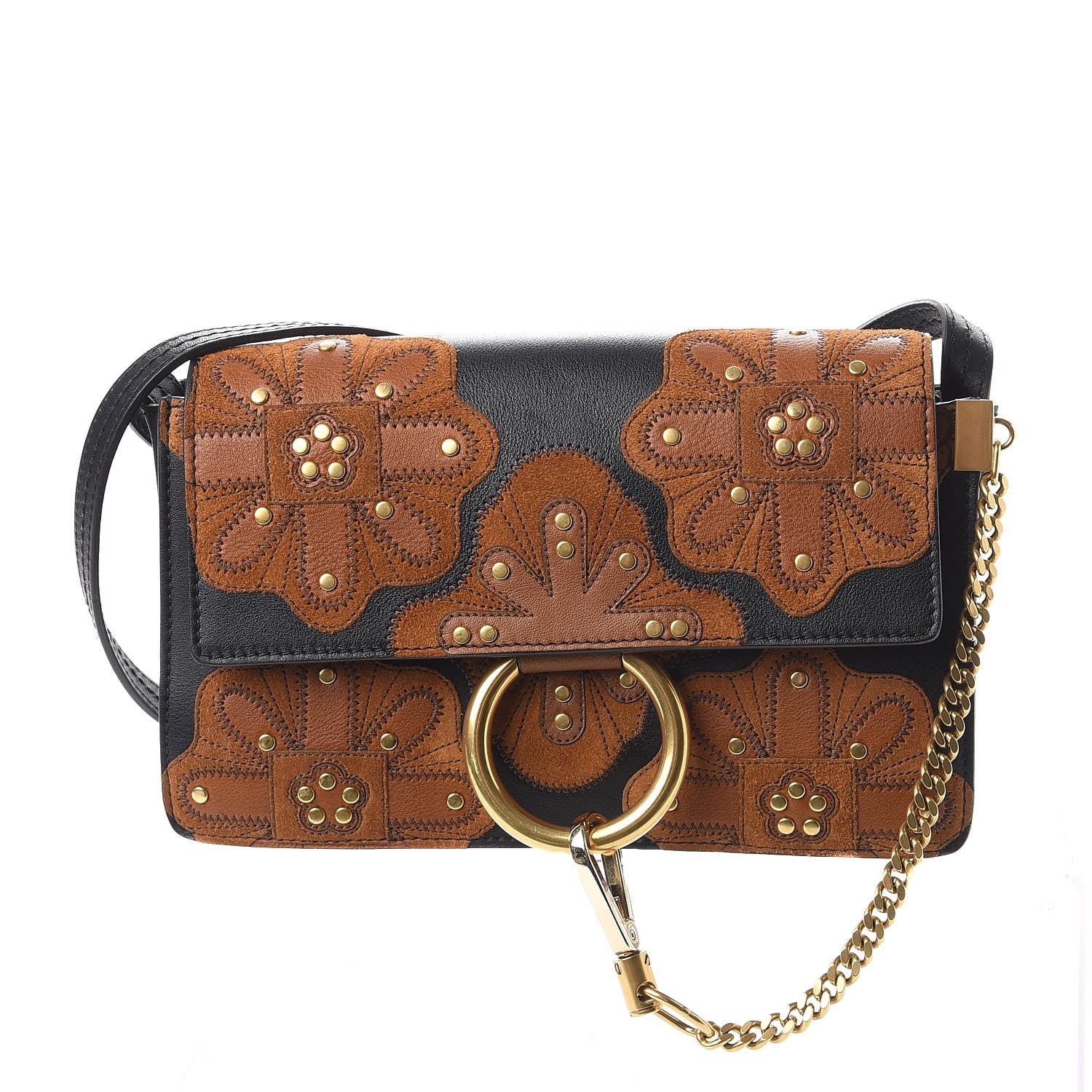Chloe Suede Calfskin Floral Patchwork Studded Small Faye Shoulder Bag Black Brown 1 of 8