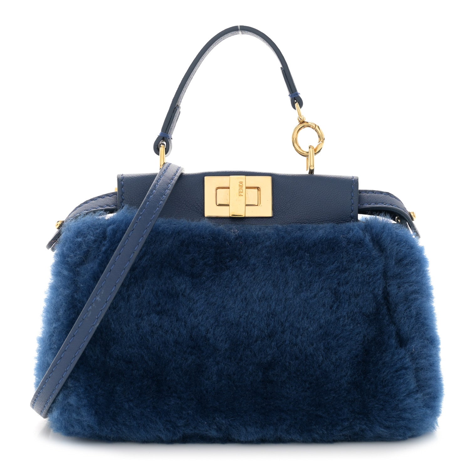 Fendi Shearling Shiny Nappa Micro Peekaboo Iconic Satchel Blue 1 of 11
