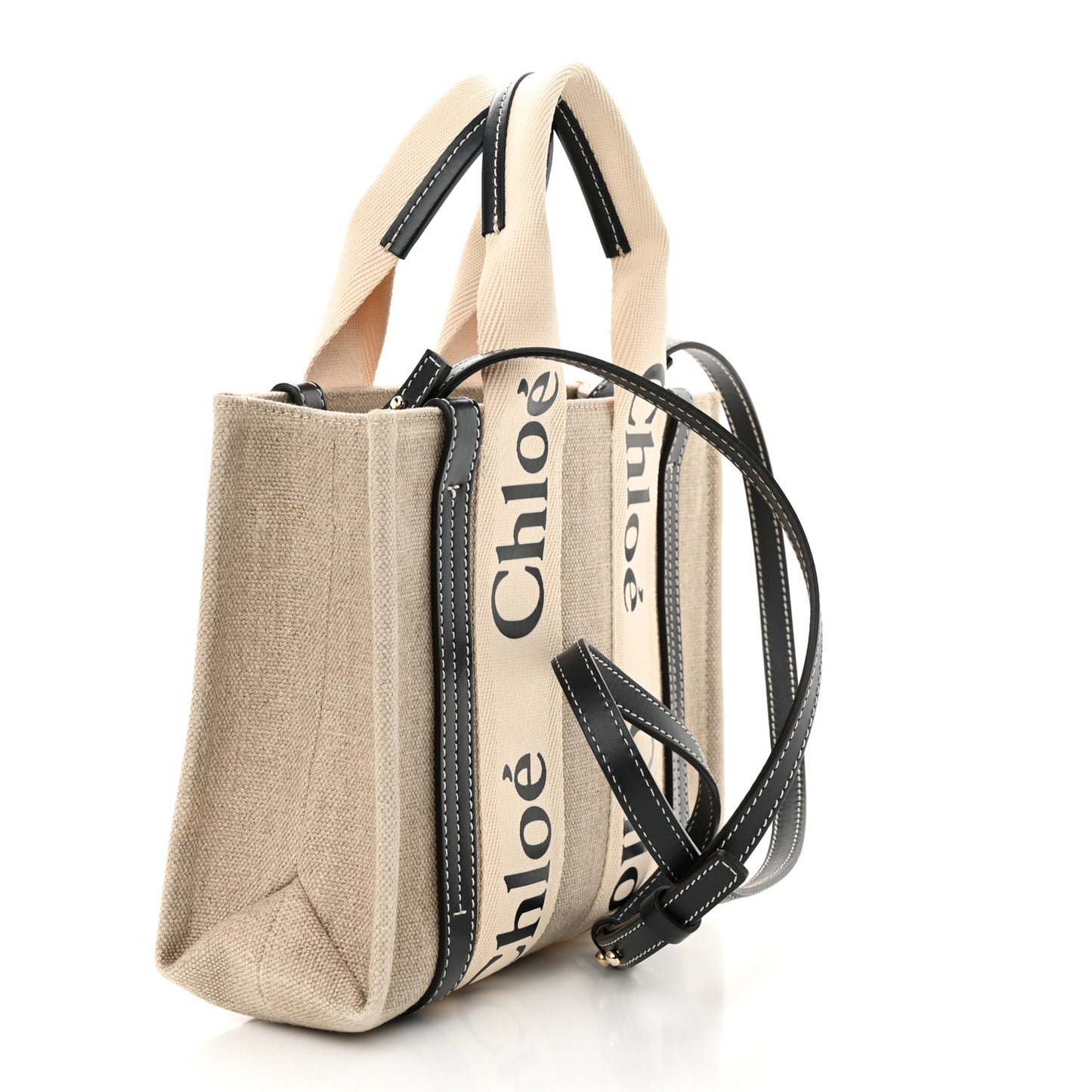 Linen Calfskin Small Woody Ribbon Tote White Black