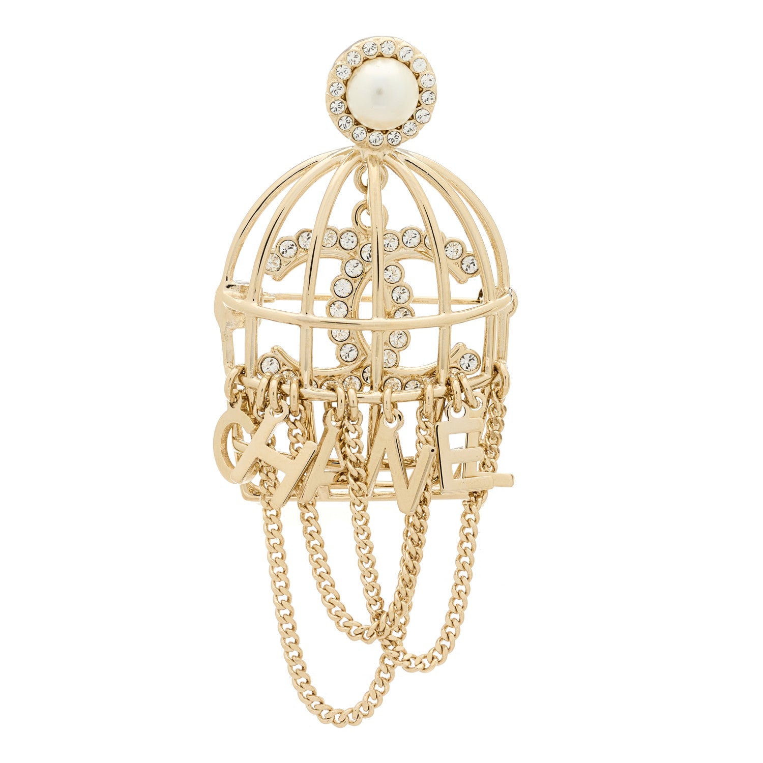 Chanel Pearl Crystal Birdcage Pin Brooch Light Gold 1 of 5