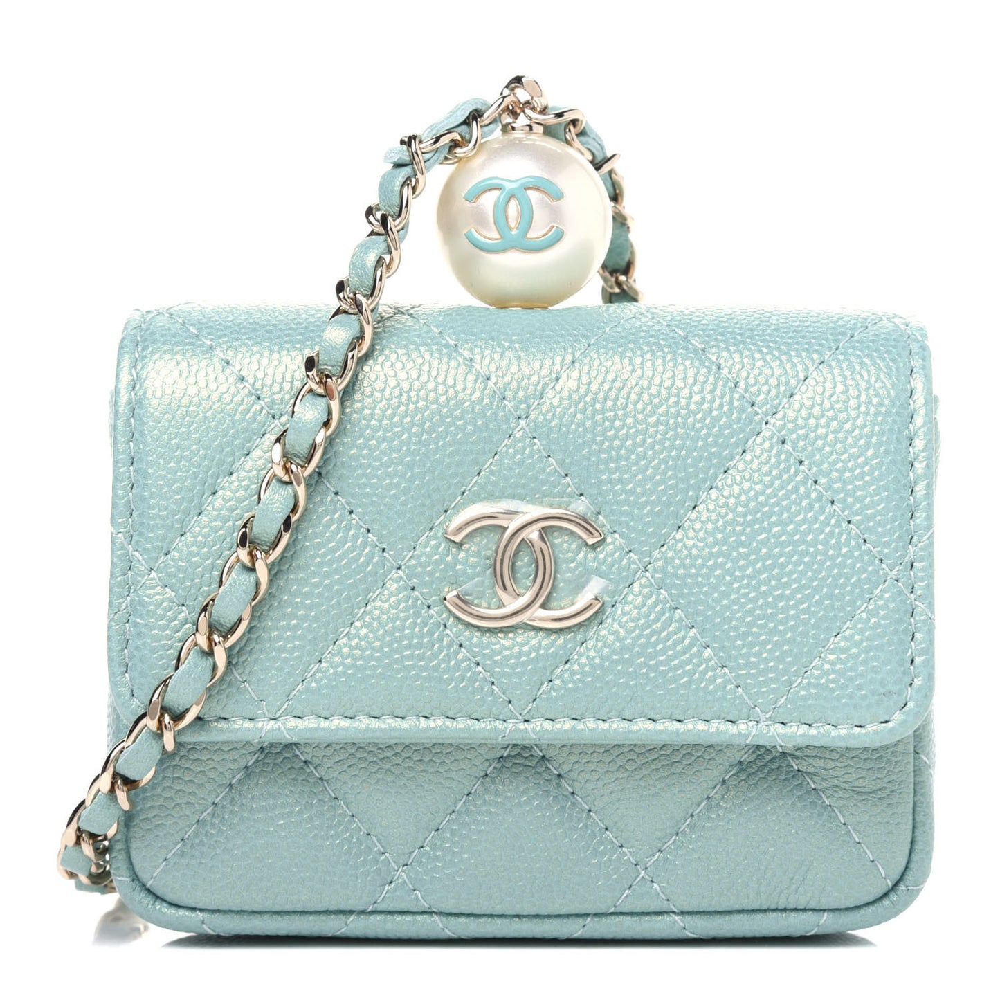 Iridescent Caviar Quilted Pearl On Top Coin Purse With Chain Light Green