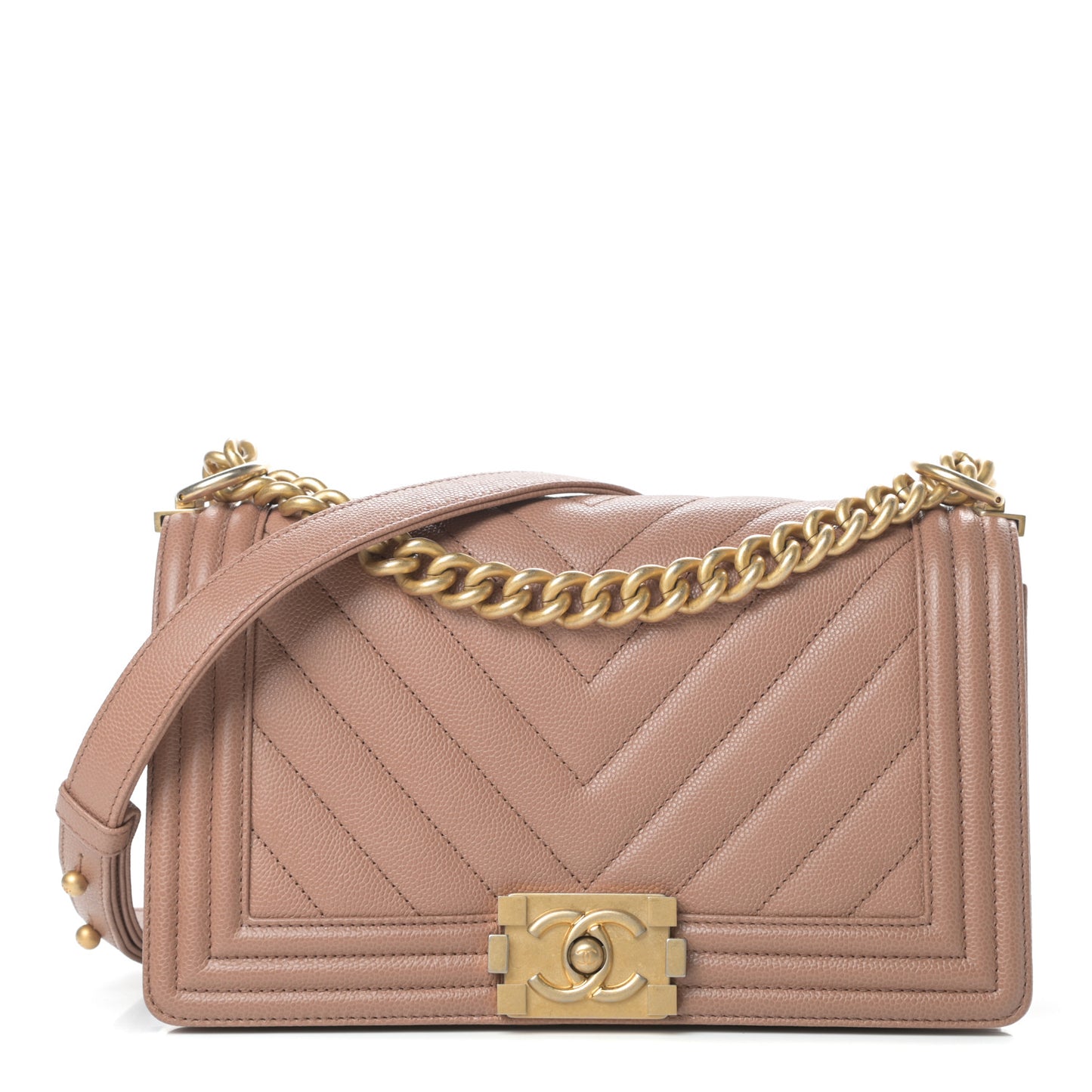 Caviar Chevron Quilted Medium Boy Flap Dark Beige