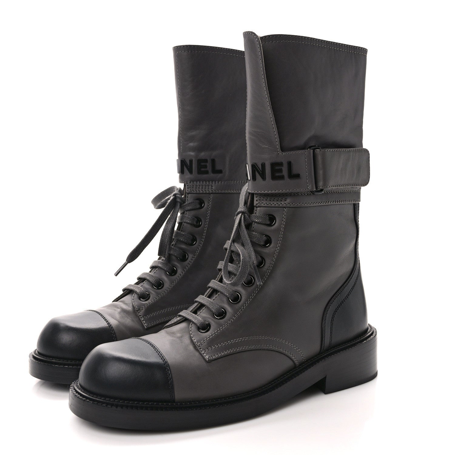 Chanel Calfskin Lace Up Logo Mid Calf Combat Boots 36.5 Grey Black 3 of 8