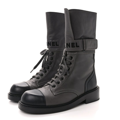 Chanel Calfskin Lace Up Logo Mid Calf Combat Boots 36.5 Grey Black 3 of 8