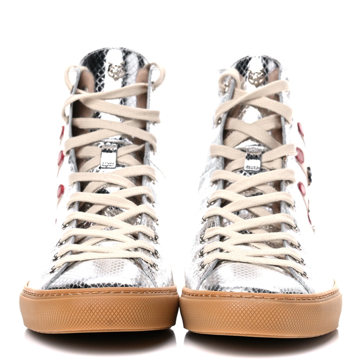 Calfskin Snake Embossed Embellished High Top Sneakers 41 Silver