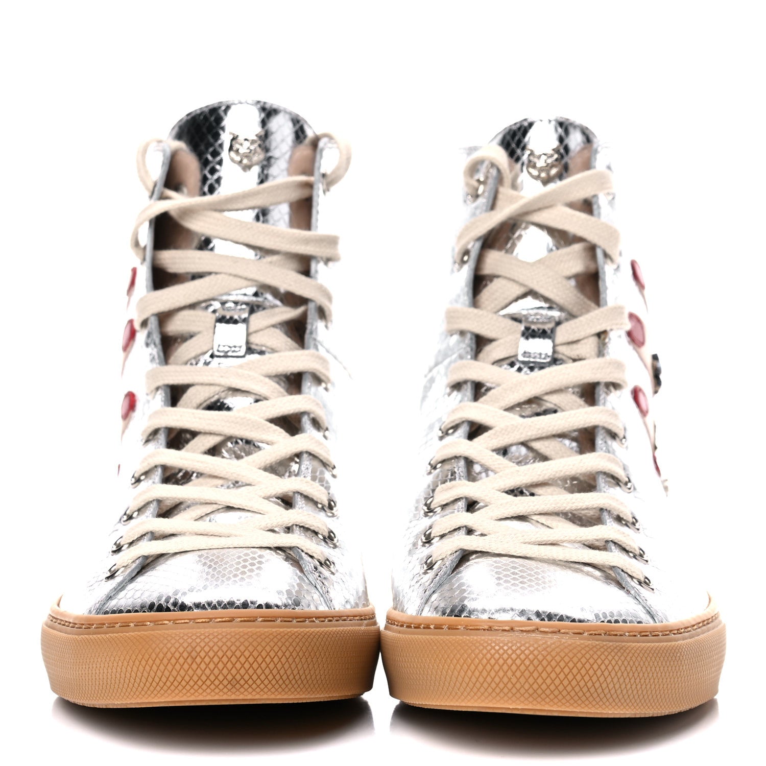 Gucci Calfskin Snake Embossed Embellished High Top Sneakers 41 Silver 2 of 12