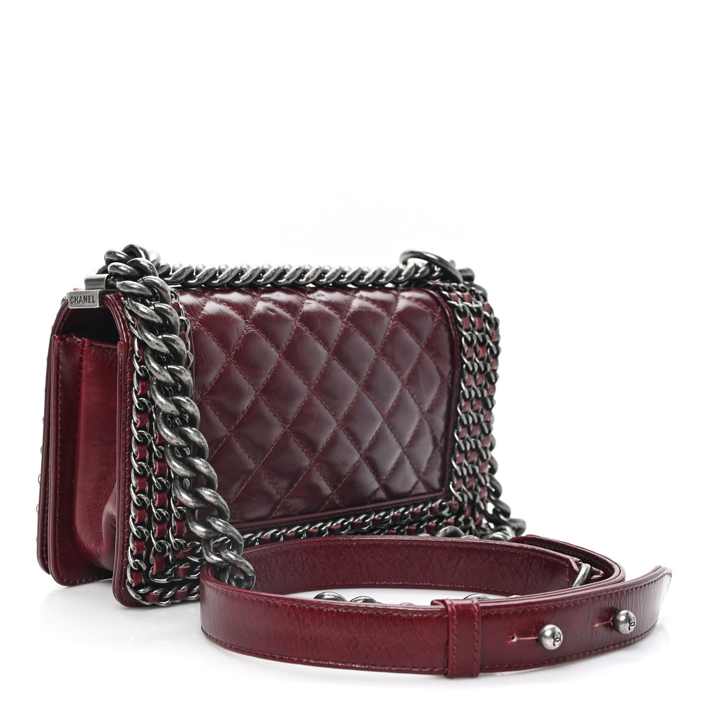 Glazed Calfskin Quilted Small Boy Chained Flap Burgundy