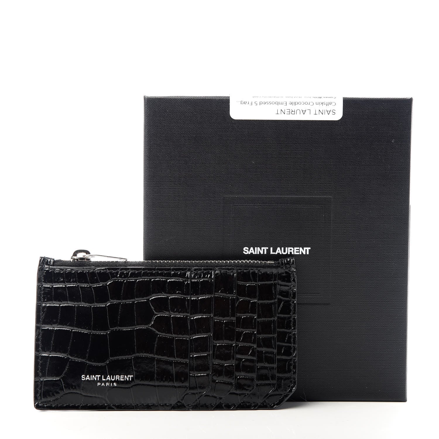 Saint Laurent Calfskin Crocodile Embossed 5 Fragments Zip Pouch Card Holder Black 8 of 8