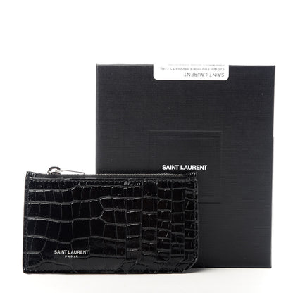 Saint Laurent Calfskin Crocodile Embossed 5 Fragments Zip Pouch Card Holder Black 8 of 8