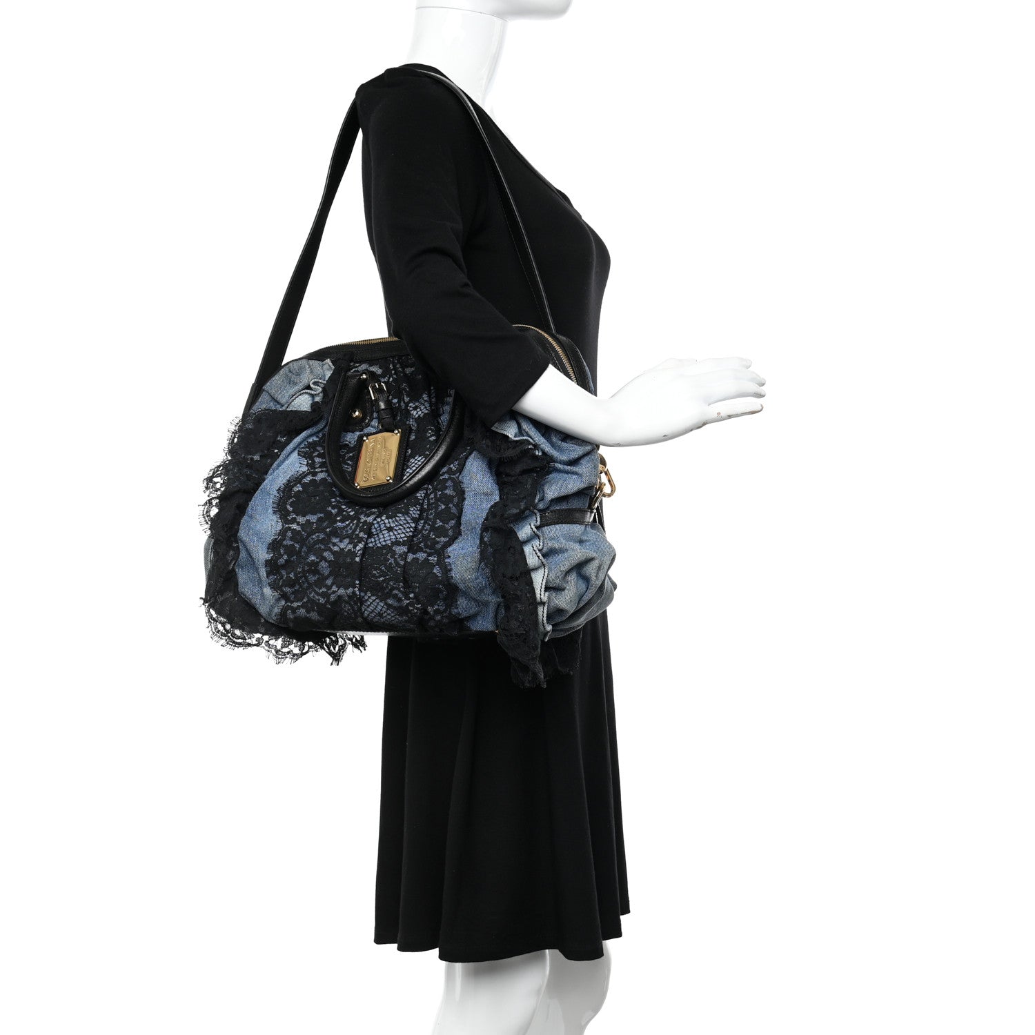 Dolce & Gabbana Denim Lace Calfskin Ruffled Miss Rouche Satchel Blue Black 2 of 9