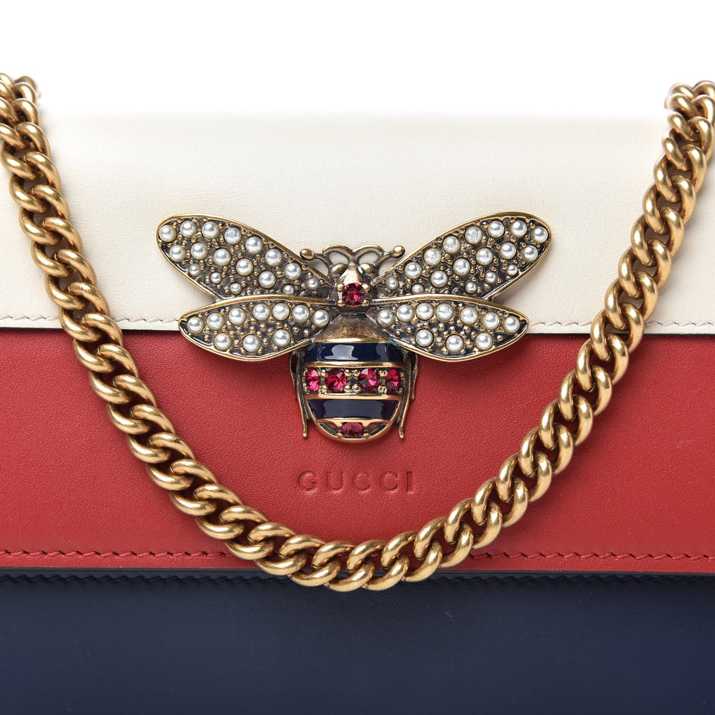 Calfskin Queen Margaret Chain Wallet Blue Agata Hibiscus Red Mystic White