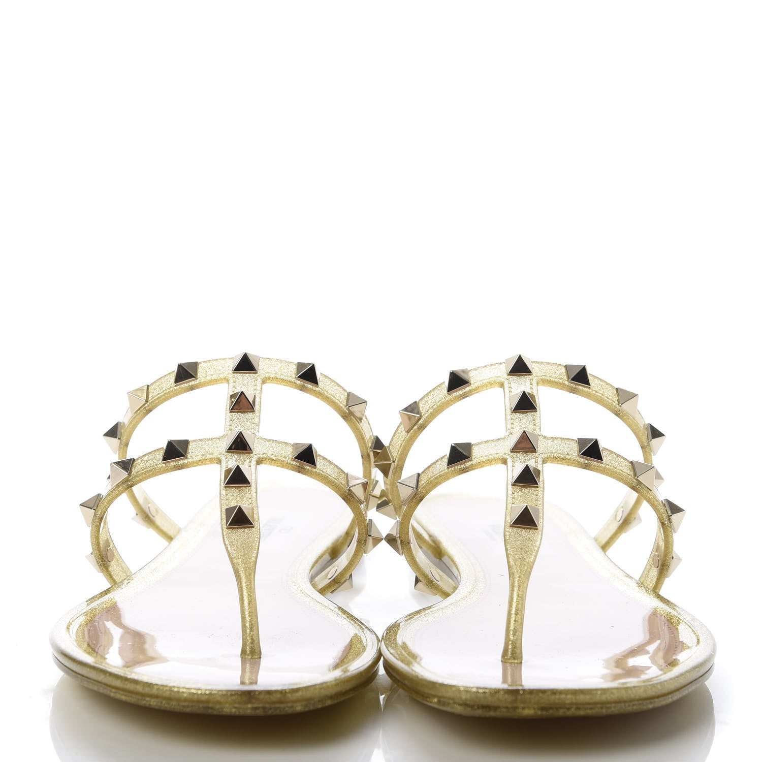 Valentino Garavani PVC Jelly Glitter Rockstud Caged Flat Thong Sandals 37 Oro 2 of 9