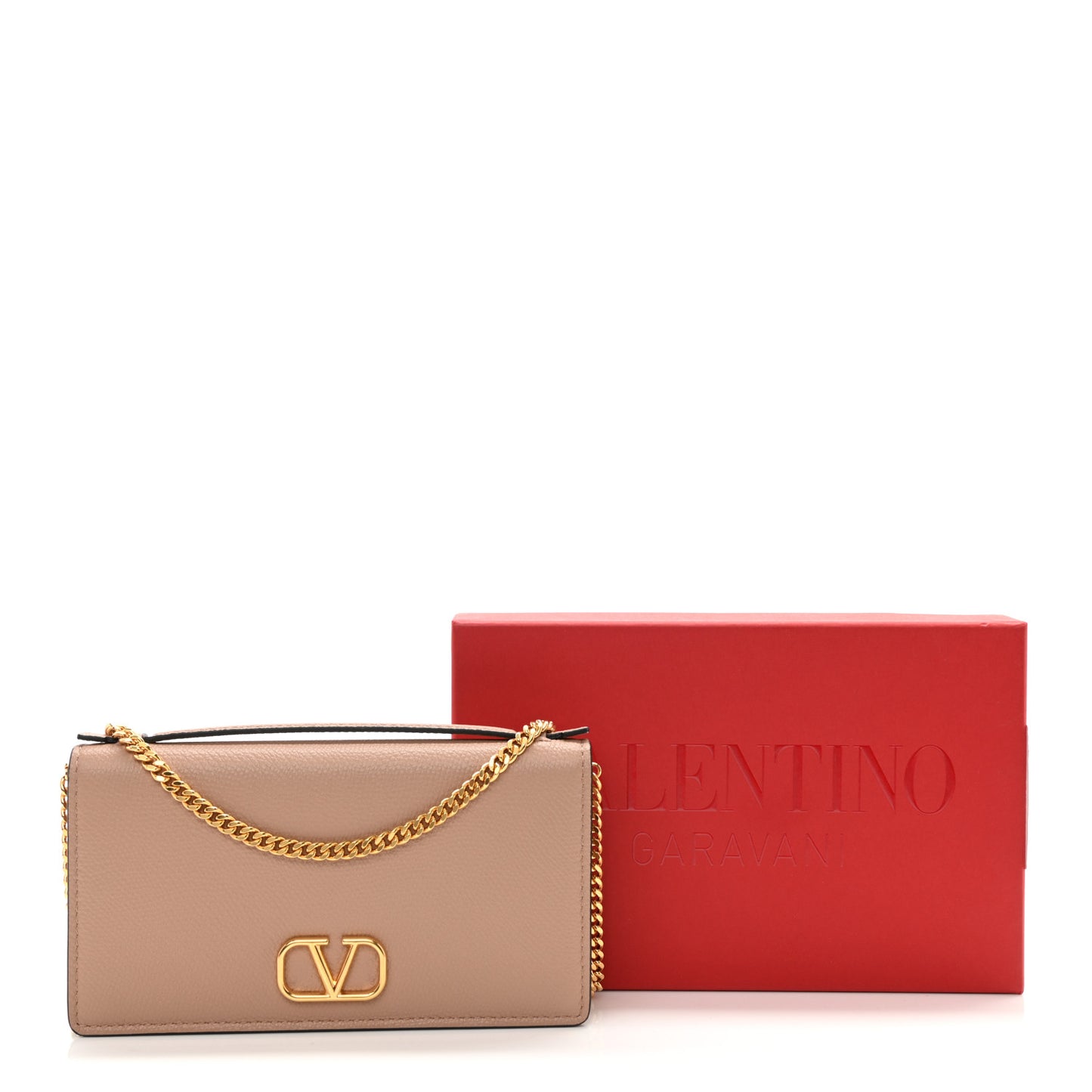 Grainy Calfskin VLogo Top Handle Wallet With Chain Rose Cannelle