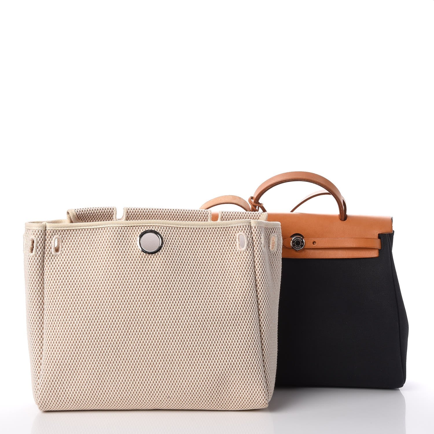 Hermes Toile Vache Calfskin Herbag 30 PM Black Natural 4 of 14