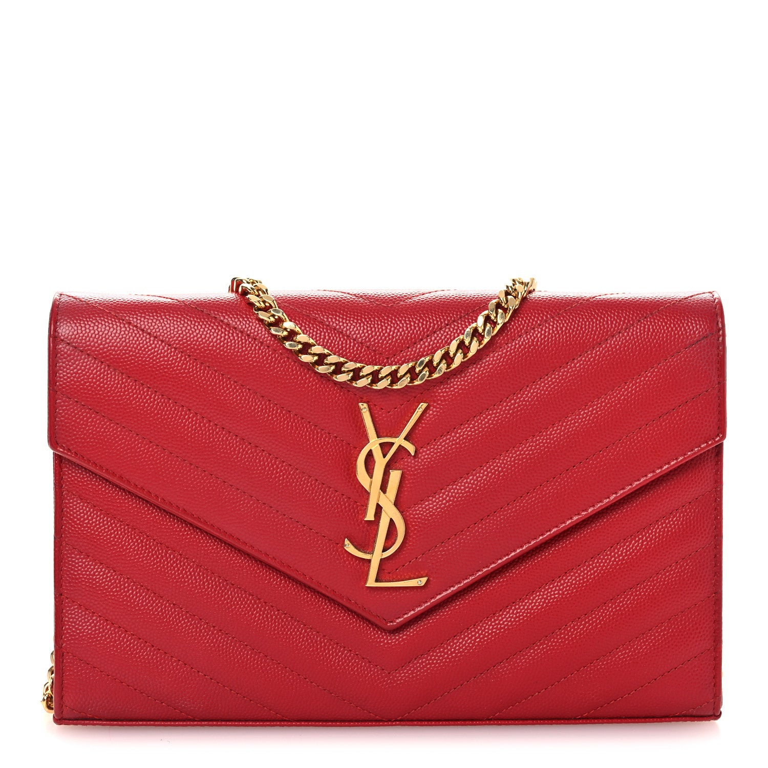 Saint Laurent Grain De Poudre Matelasse Chevron Monogram Chain Wallet Red 1 of 15