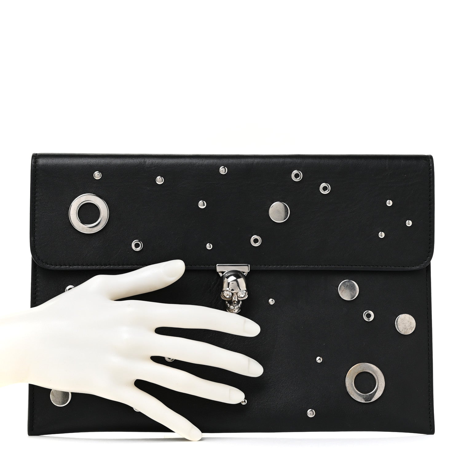 Alexander McQueen Calfskin Grommet Skull Envelope Clutch Black 2 of 16