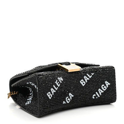 Balenciaga Strass Suede Allover Logo Hourglass Top Handle Bag XS with Chain Black White 4 of 10