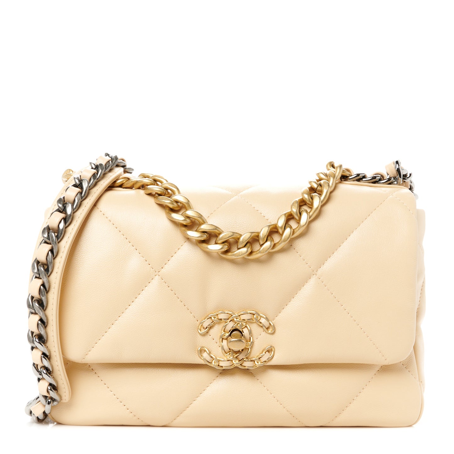 Shiny Goatskin Quilted Medium Chanel 19 Flap Beige