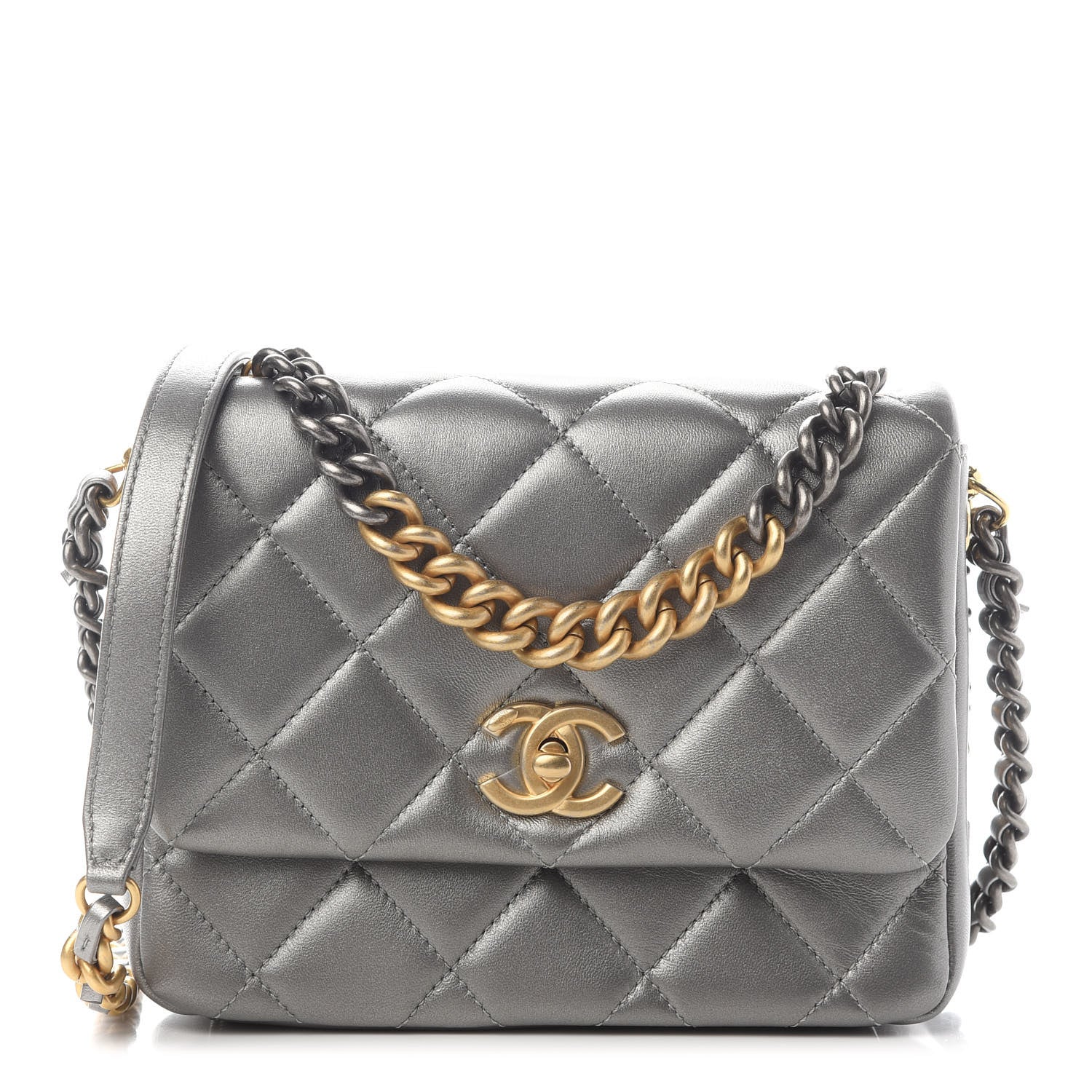 Chanel Metallic Lambskin Quilted Small Side Note Flap Grey 1 of 10
