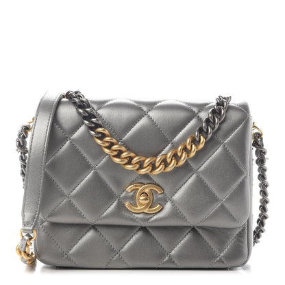 Chanel Metallic Lambskin Quilted Small Side Note Flap Grey 1 of 10