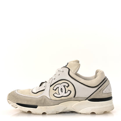 Chanel Mesh Suede Calfskin Grosgrain Womens CC Sneakers 37.5 White Black 1 of 14