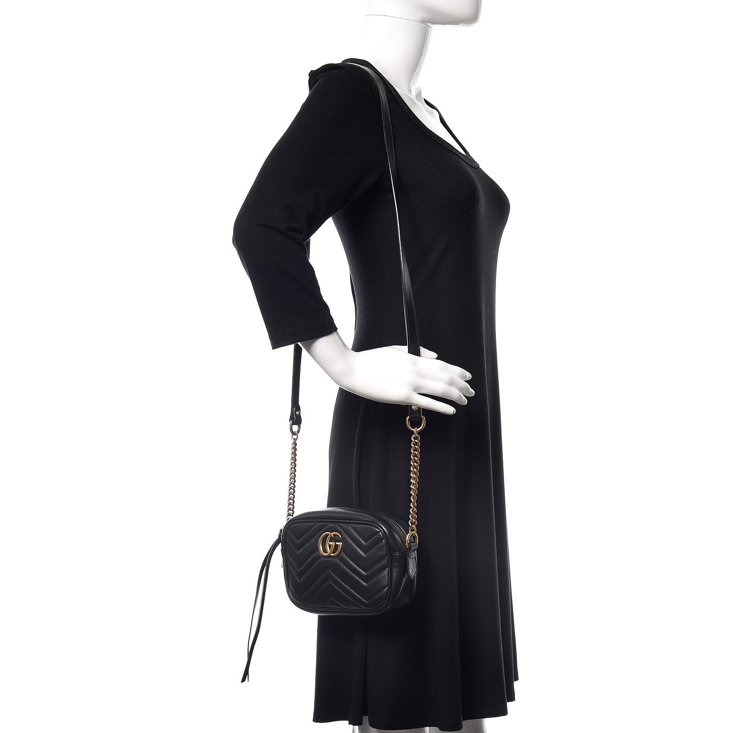 Gucci Calfskin Matelasse Mini GG Marmont Chain Shoulder Bag Black 2 of 9