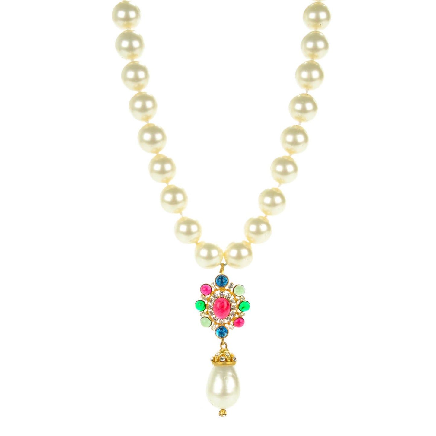 Gripoix Crystal Pearl Drop Pendant Necklace Gold
