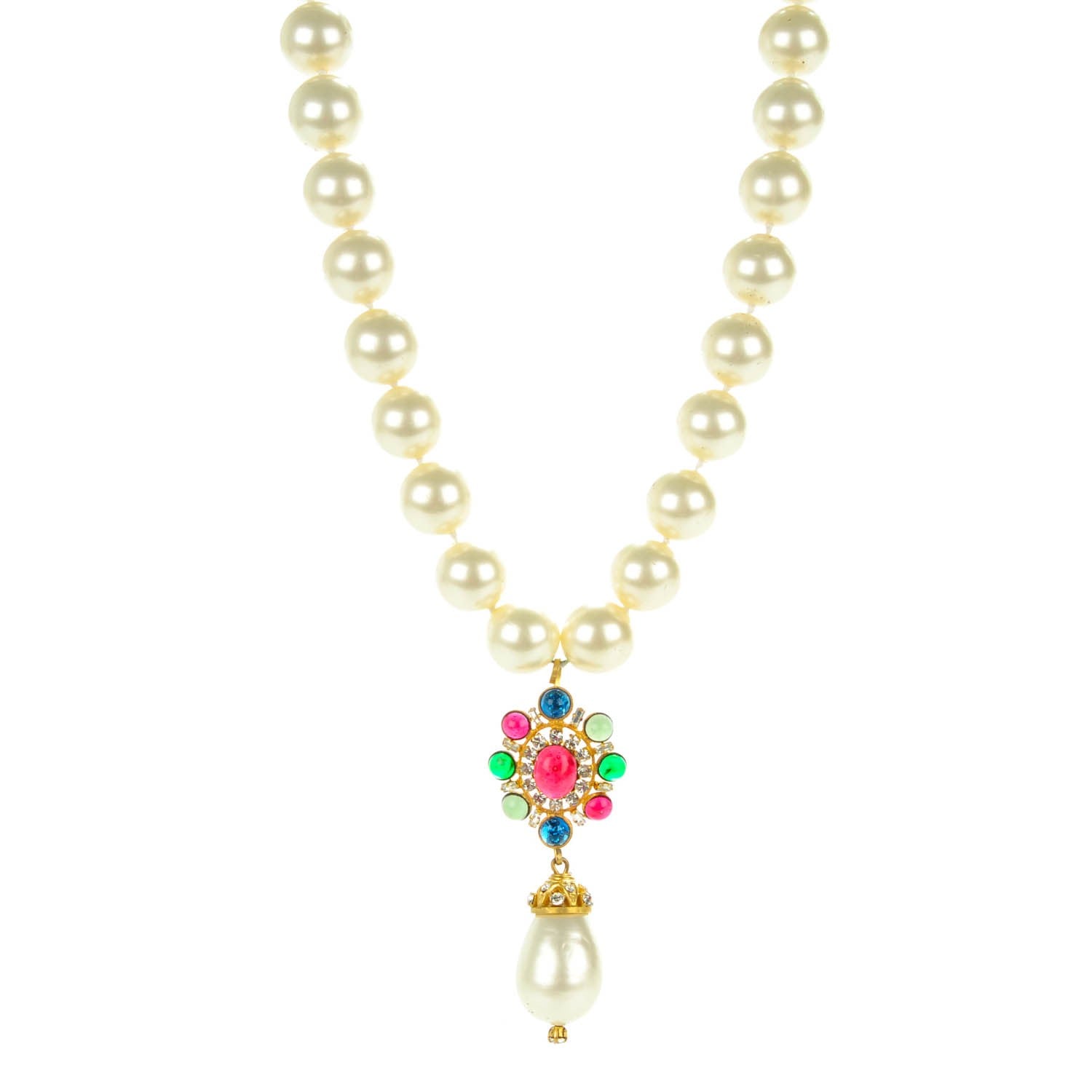 Chanel Gripoix Crystal Pearl Drop Pendant Necklace Gold 1 of 7