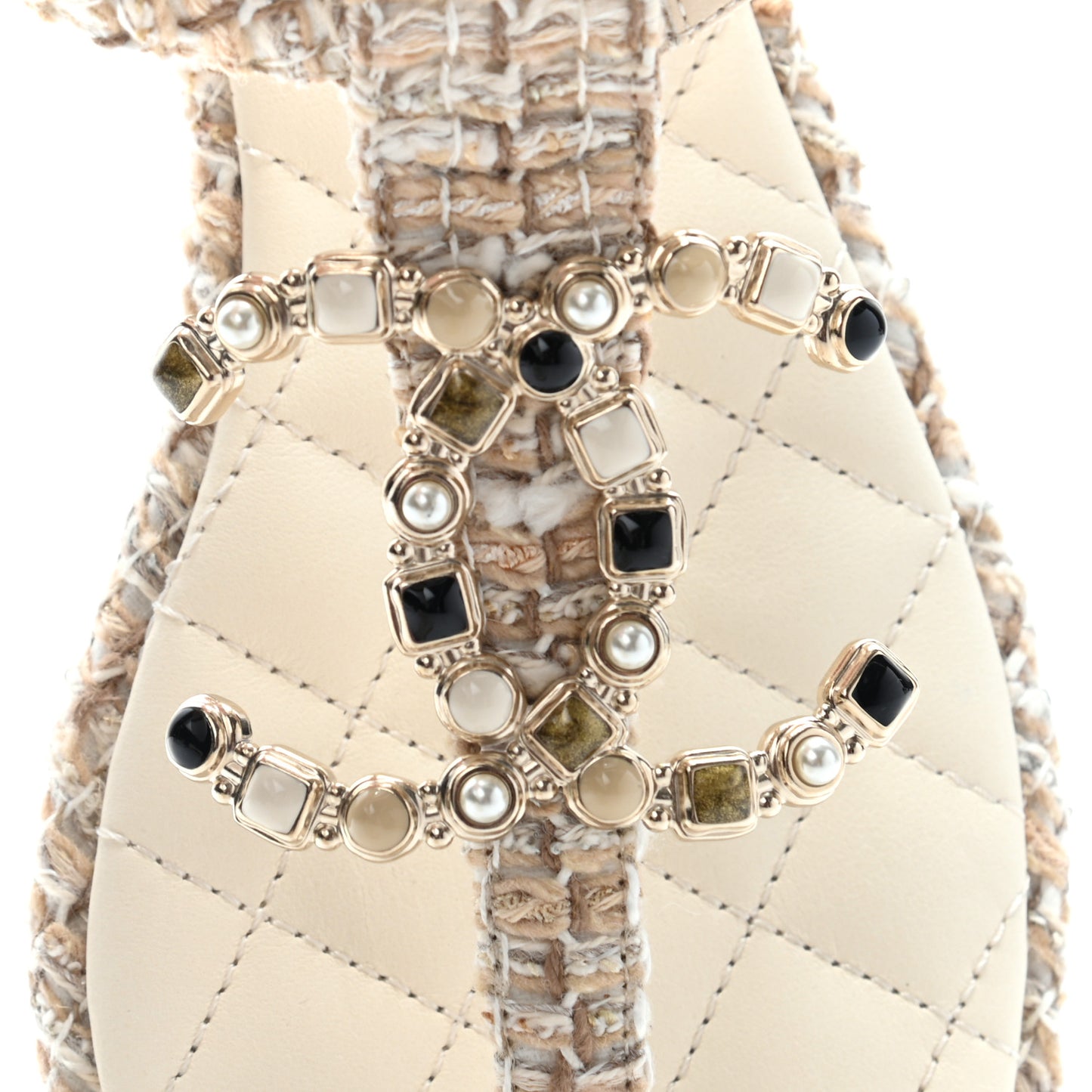 Tweed Pearl CC Thong Sandals 38.5 Ivory