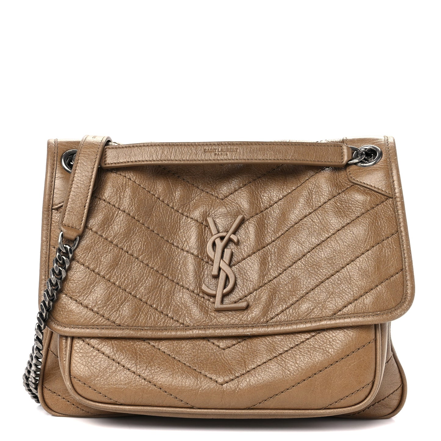 Crinkled Calfskin Matelasse Monogram Medium Niki Chain Satchel Caramel