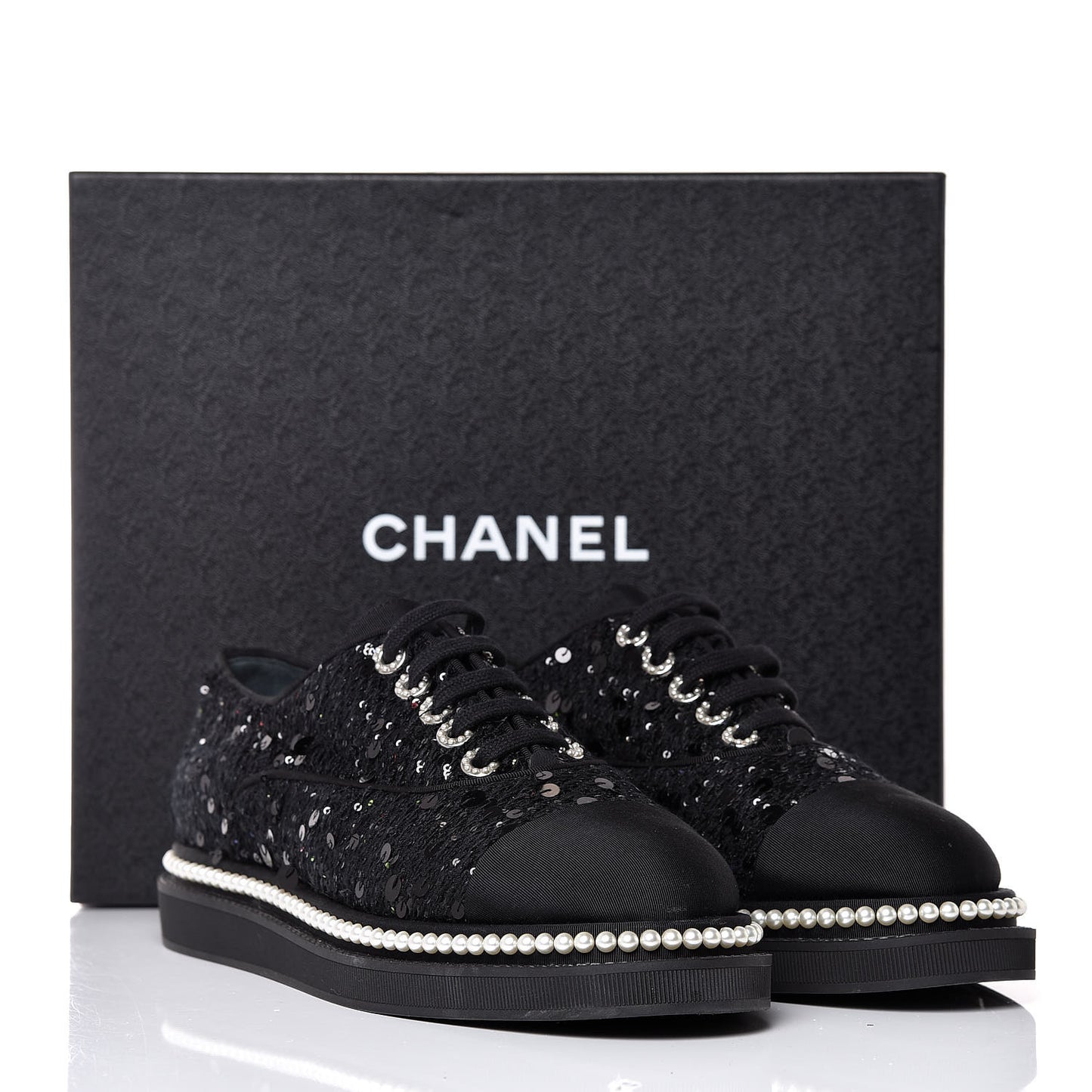 Tweed Grosgrain Sequin Pearl Lace Up Sneakers 42 Black