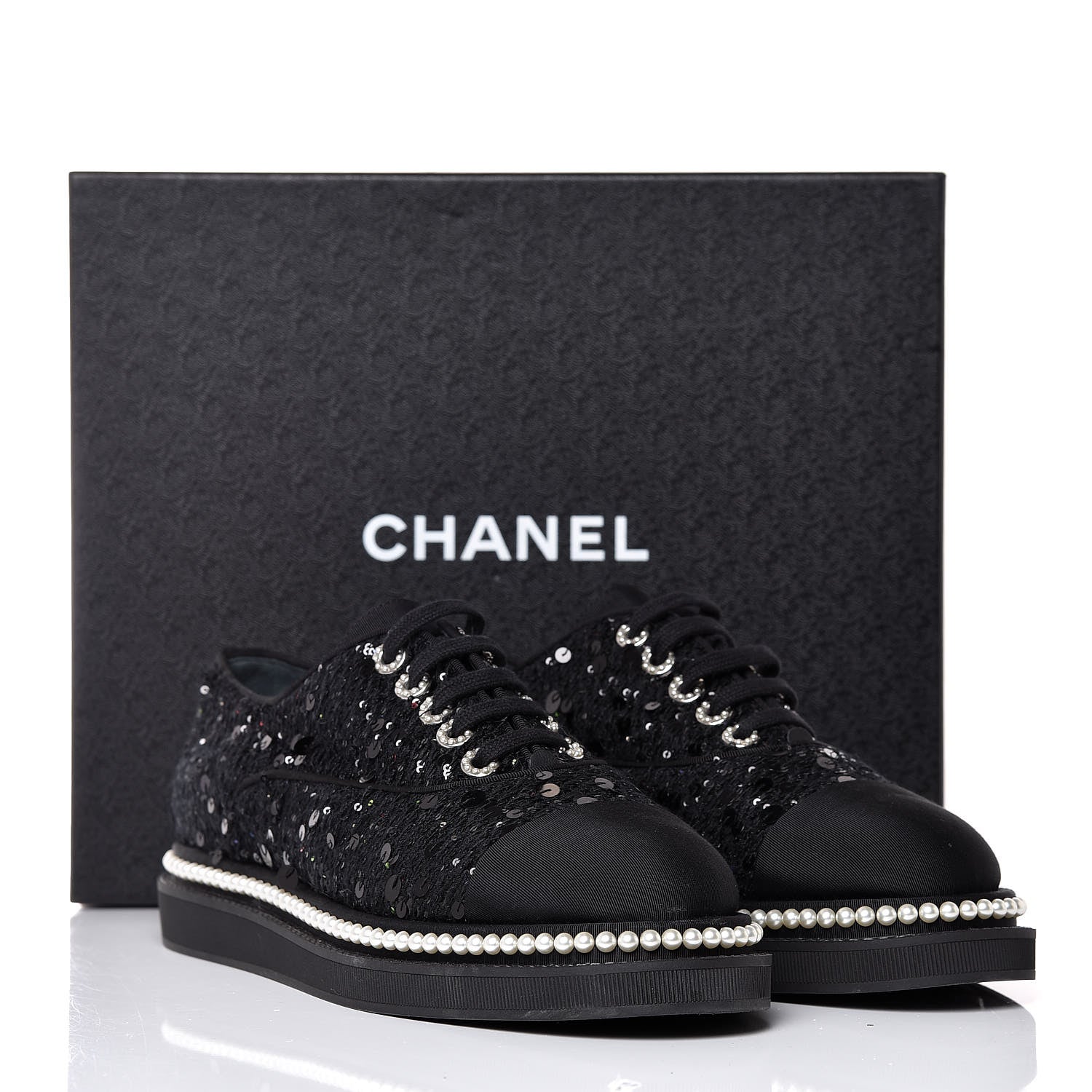 Chanel Tweed Grosgrain Sequin Pearl Lace Up Sneakers 42 Black 10 of 10