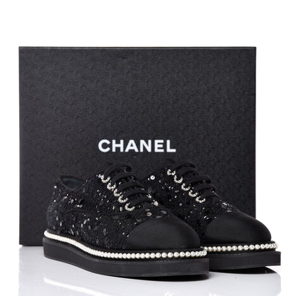 Chanel Tweed Grosgrain Sequin Pearl Lace Up Sneakers 42 Black 10 of 10
