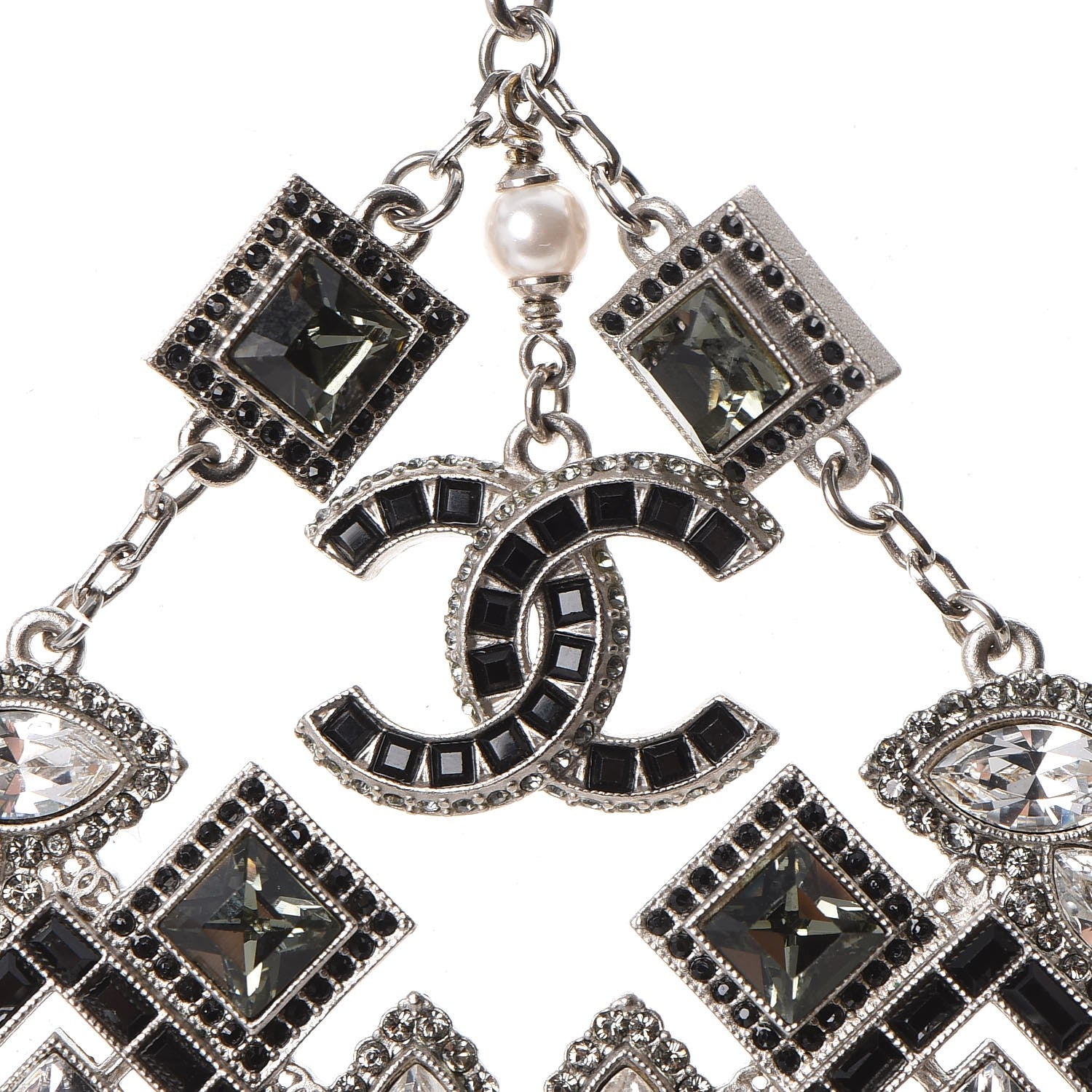 Chanel Crystal Strass Pearl CC Necklace Silver Black 5 of 7