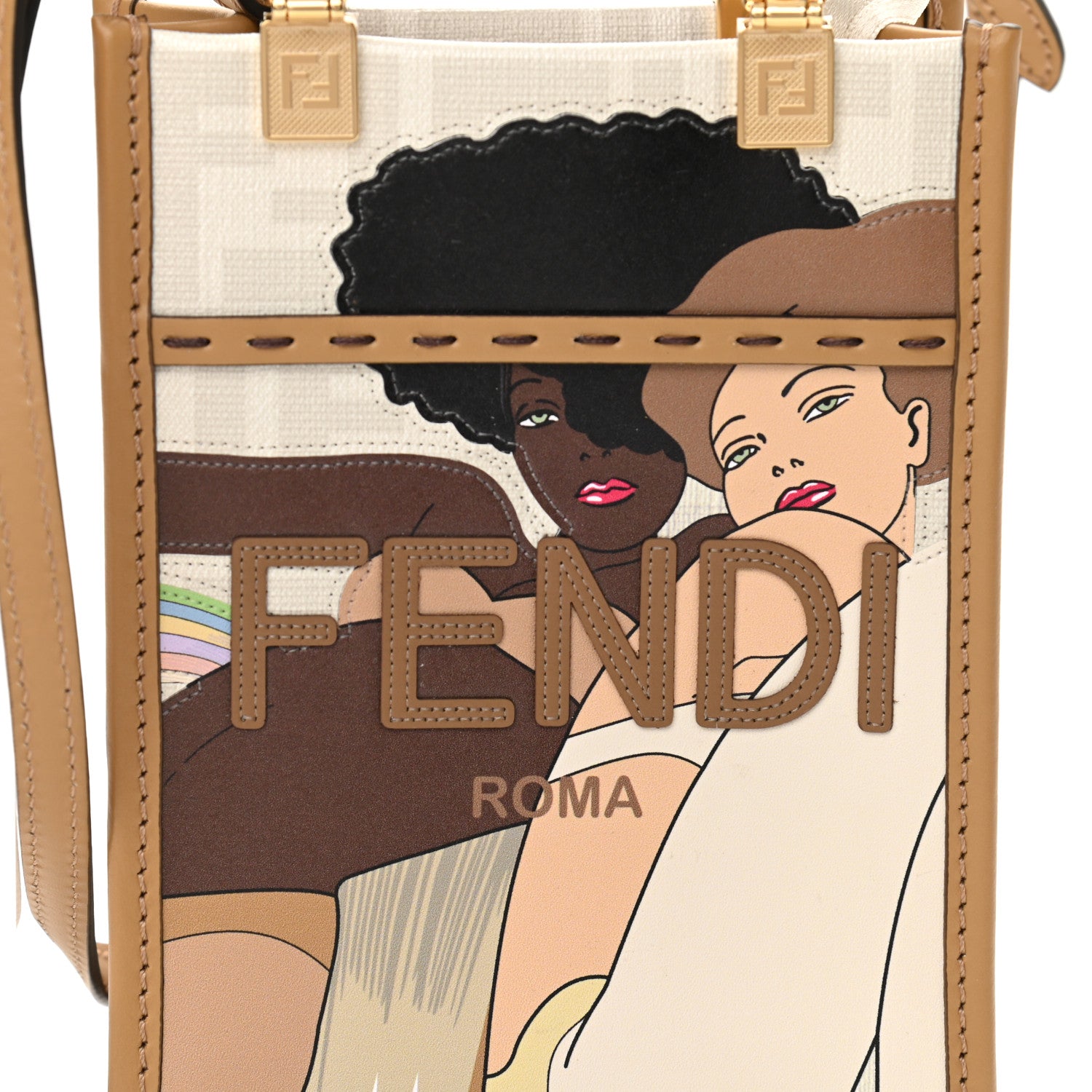 Fendi Glazed Fabric Plexiglass FF Logo Bikini Girls Mini Fendi Sunshine Shopper Tote Bianco Perla Multicolor Miele Scuro 7 of 9
