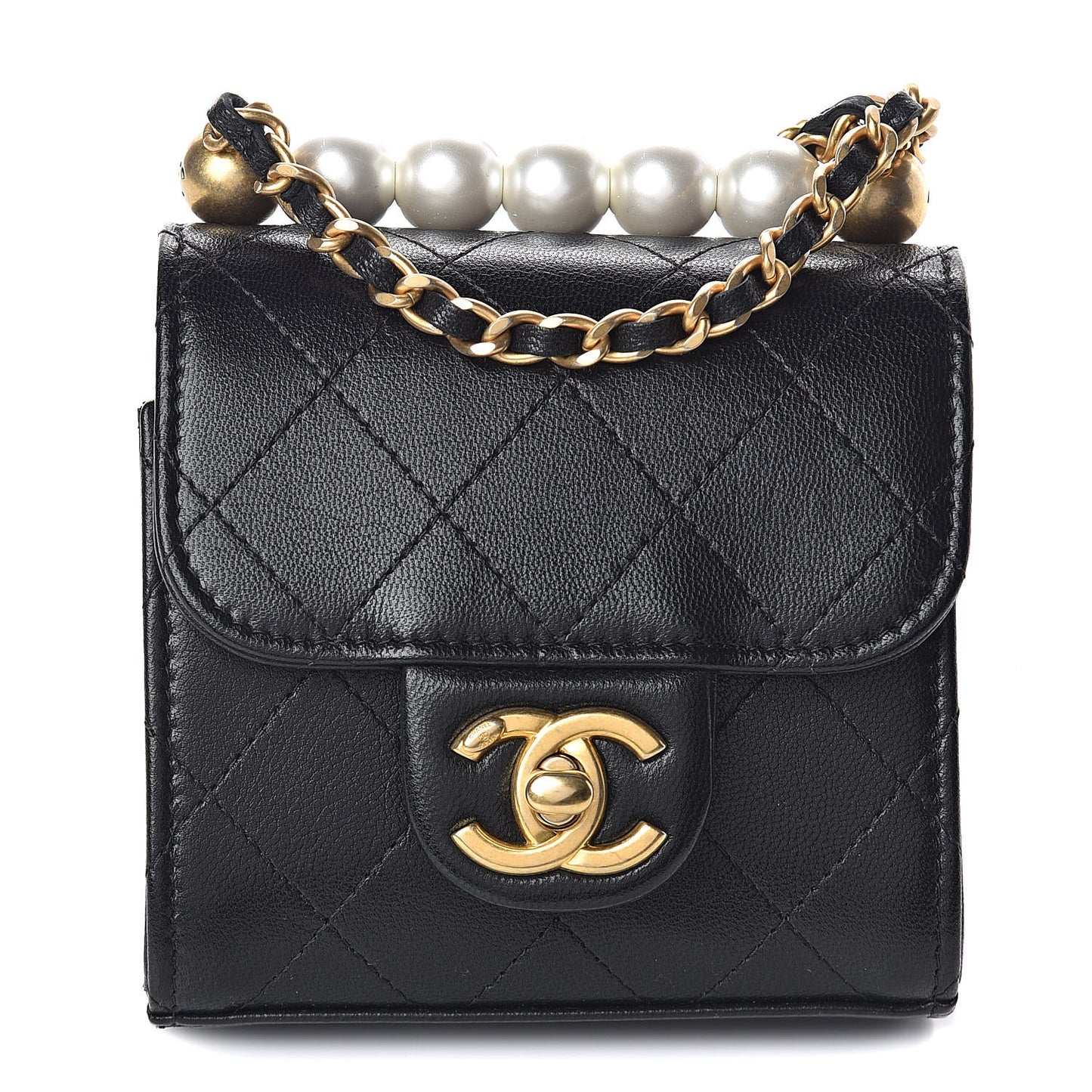 Goatskin Chic Pearls Clutch On Chain Black