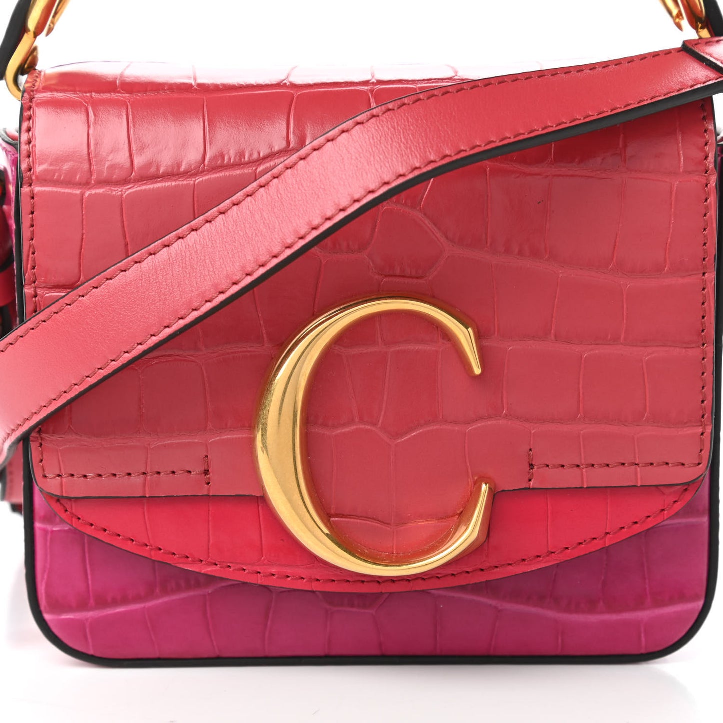 Calfskin Crocodile Embossed Mini C Double Carry Graphic Pink