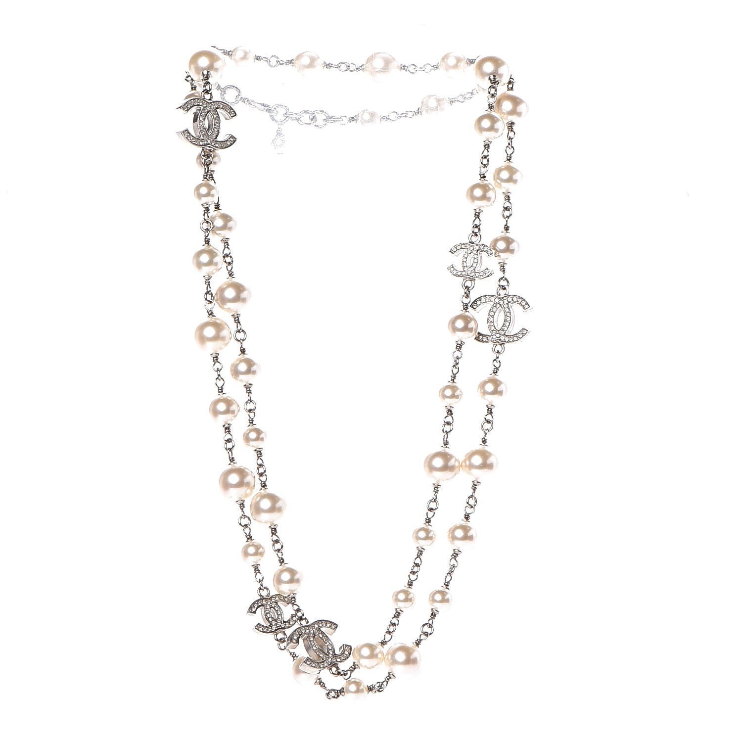 Chanel Crystal Pearl CC Long Necklace Silver 3 of 5