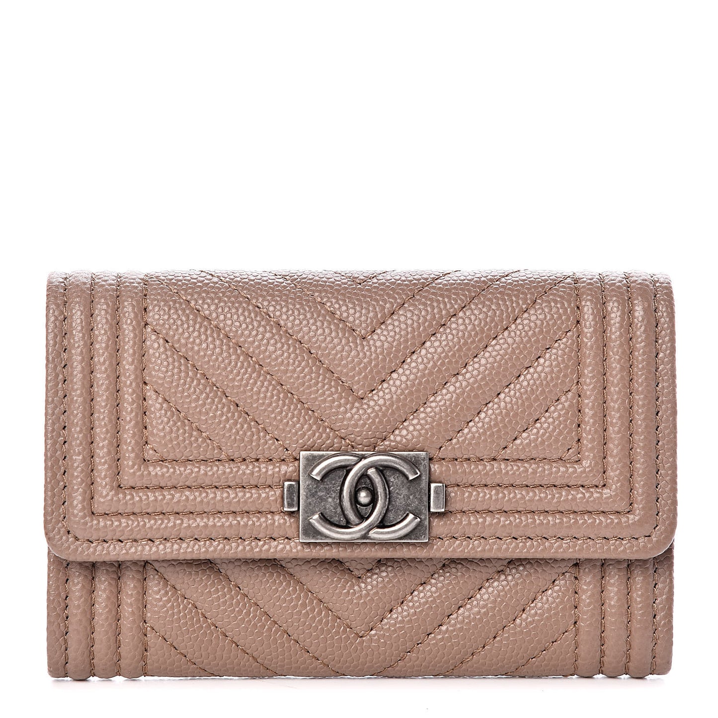 Caviar Chevron Quilted Boy Card Holder Wallet Dark Beige