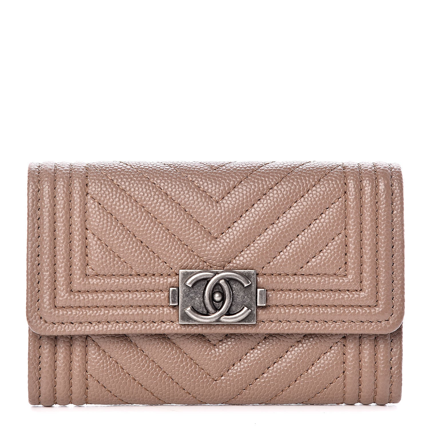 Chanel Caviar Chevron Quilted Boy Card Holder Wallet Dark Beige 1 of 11