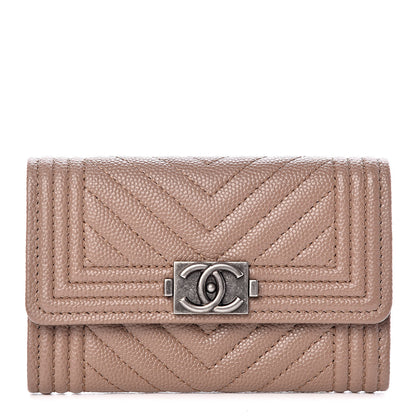 Chanel Caviar Chevron Quilted Boy Card Holder Wallet Dark Beige 1 of 11