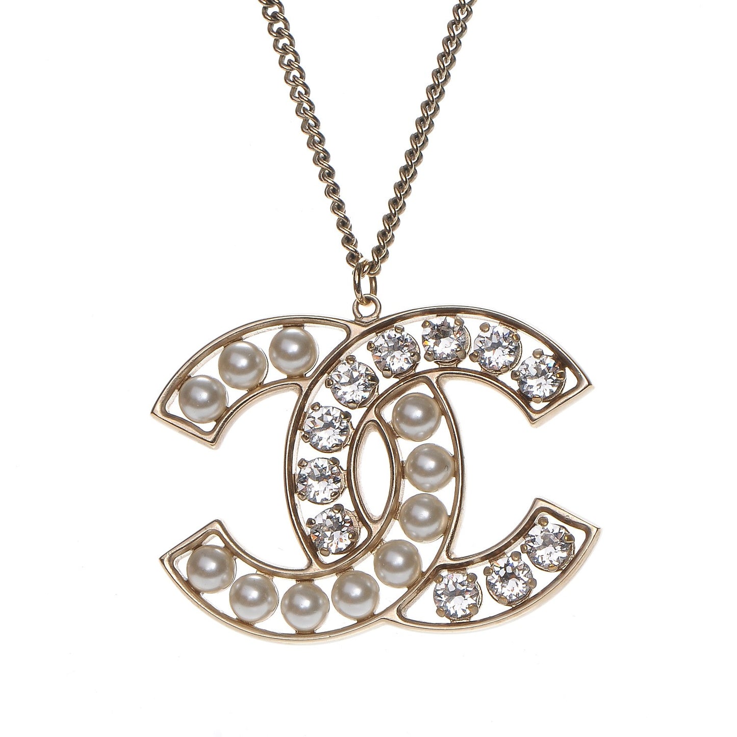 Crystal Pearl CC Pendant Necklace Gold