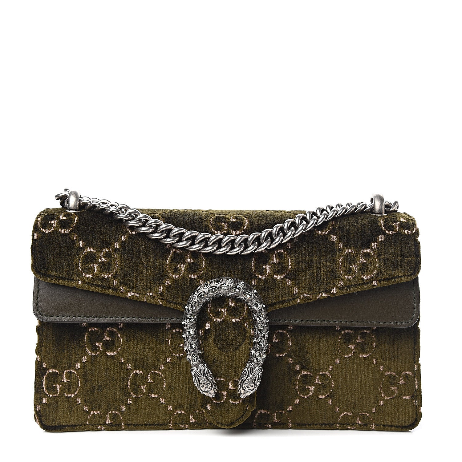 Gucci Velvet Moon Calfskin Crystal GG Monogram Small Dionysus Shoulder Bag Dark Olive Rose Gold 1 of 9