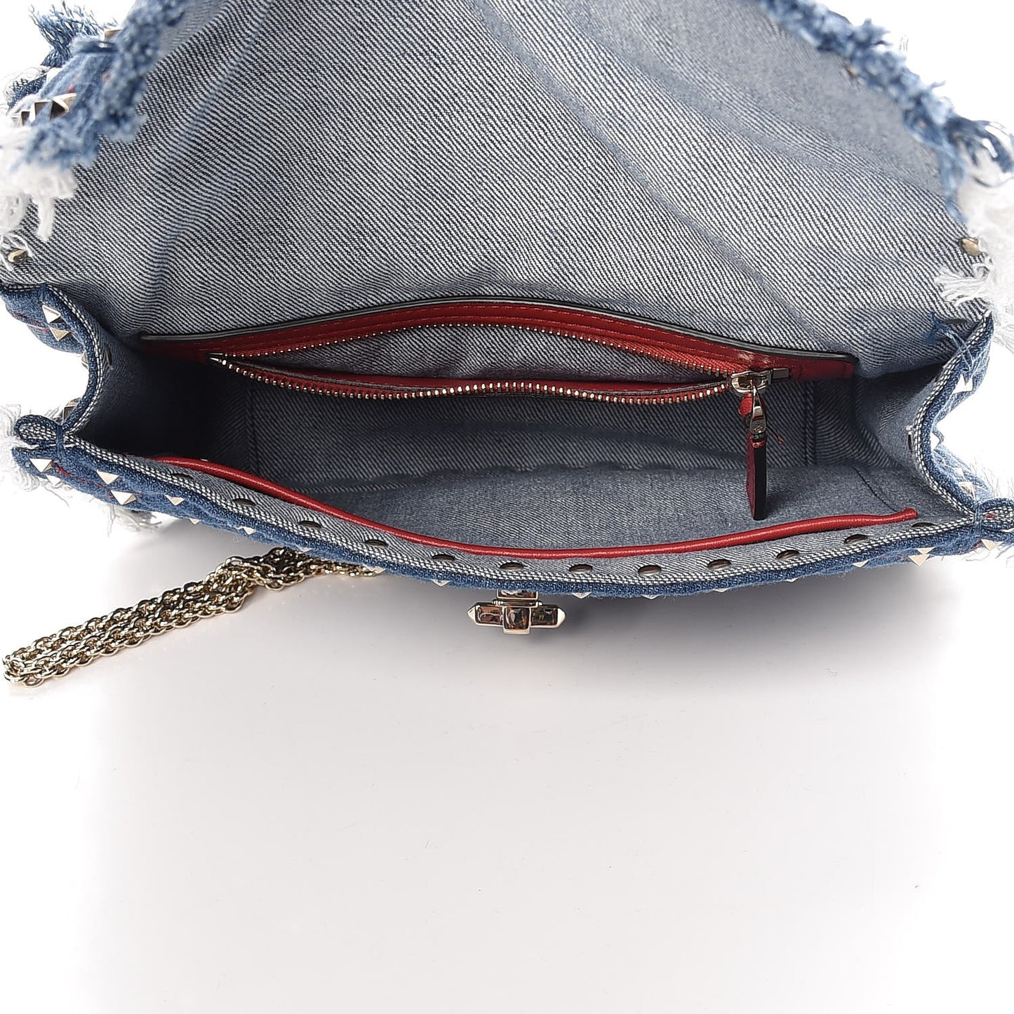 Denim Fringe Medium Rockstud Spike Shoulder Bag Blue