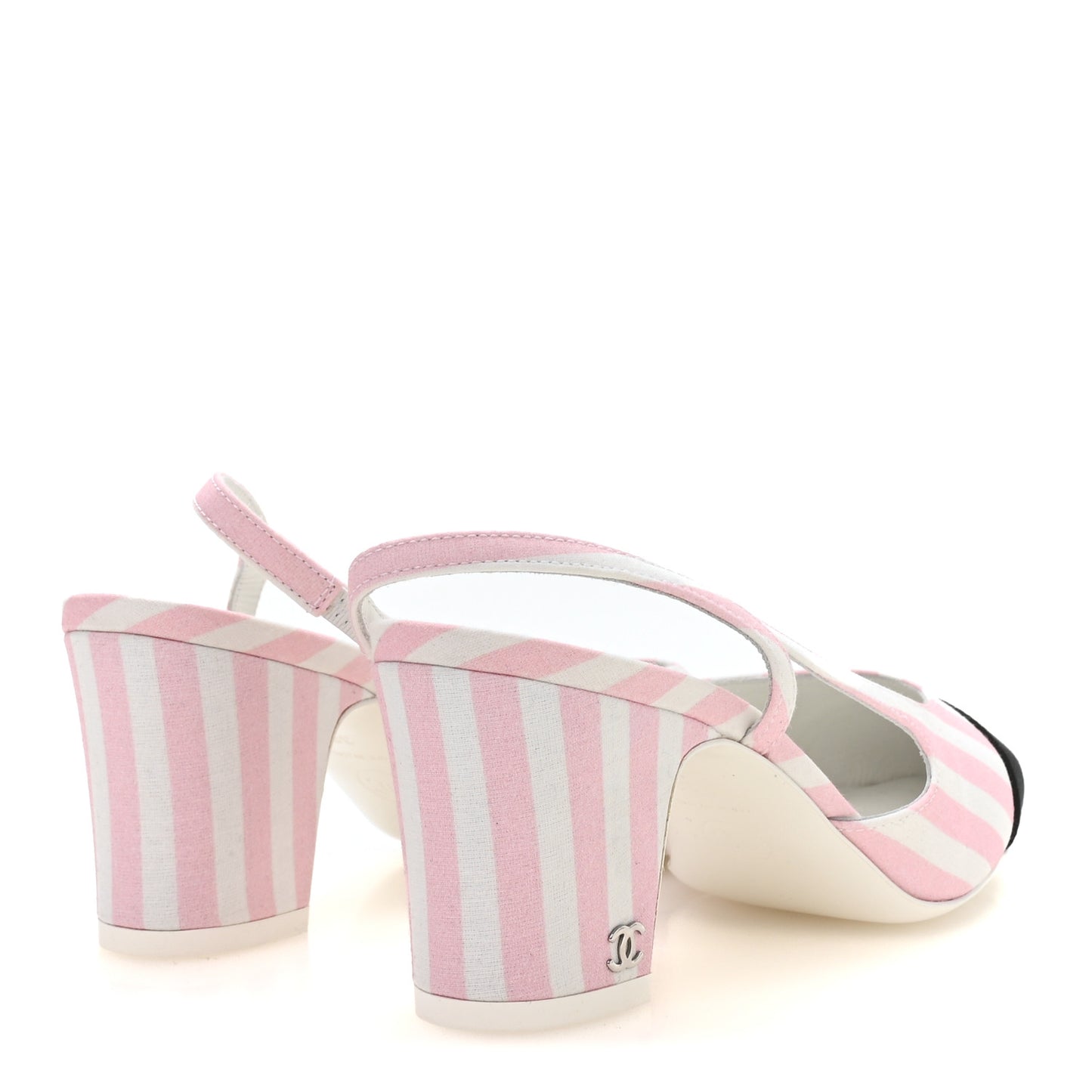 Fabric Grosgrain Cap Toe CC Striped Slingback Pumps 36 Pink White
